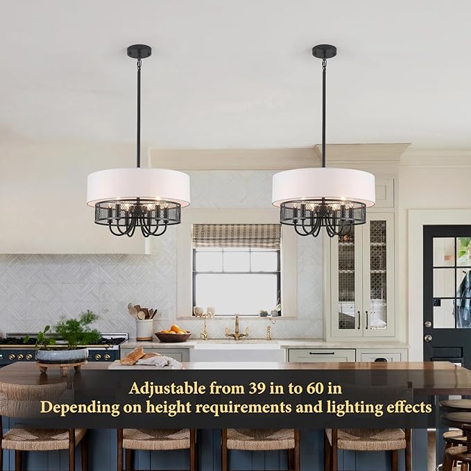 6-Light Modern Drum Chandelier for Dining Room,18'' Large Drum Pendant Light with Fabric, 2-Layer Farmhouse Chandeliers for Bedroom Dining Room Foyer Kitchen Hallway Island