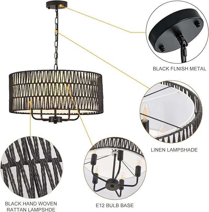 Boho Hand-Woven Black Rattan Chandelier with Linen Vintage Farmhouse Bamboo Drum Chandeliers Light Fixture Modern Wicker Rattan Chandelier for Dining Room, Kitchen, Living Room