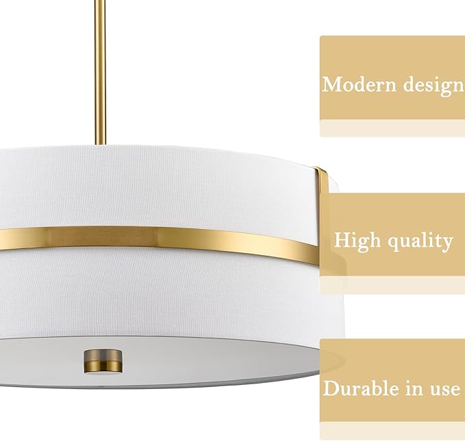 HYDELITE Gold Pendant Light Fixtures Drum Modern Pendant Light 4 Light with Linen Shade for Dinning Room Living Room Bedroom Kitchen Island
