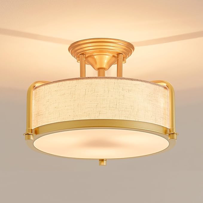 Modern Drum Ceiling Light, Semi-Flushmount Close to Ceiling Light Fixture for Living Room, Bedroom, Dining Room,Kitchen, D13 x 8 in, Linen Fabric Shade & Gold Finish Metal Frame