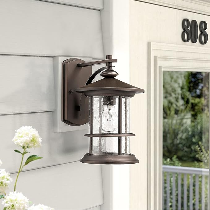 MICSIU Oil Rubbed Bronze Outdoor Light Sconces Wall Mount, Clear Seedy Glass Large Exterior Porch Wall Lantern, 12.5" Outside Lights for House, Front Porch, Patio, Backyard