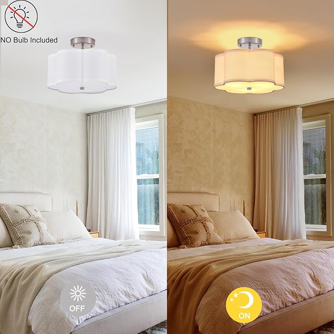 Modern Drum Semi Flush Mount Ceiling Light Fixture Modern 3-Lights Linen Drum Ceiling Lighting with Chrome Finish, Vintage Modern Ceiling Light for Laundry Room, Kitchen, Basement, Bedroom