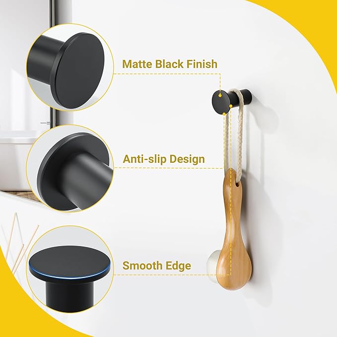 SAYAYO Black Towel Hooks for Bathrooms, Heavy Duty Wall Hooks for Hanging, Modern Coat Hook Robe Hook SUS 304 Stainless Steel 4 Pcs