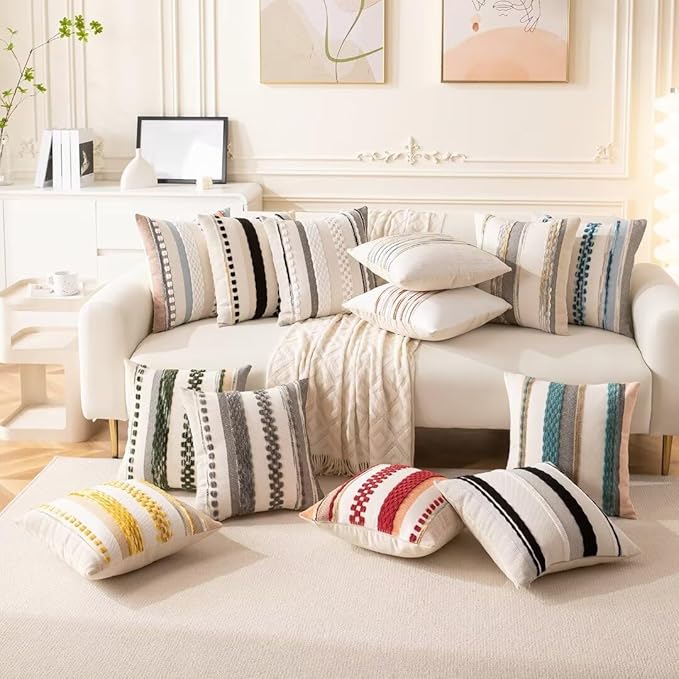 Boho Throw Pillow Covers 18x18 Set of 2 Christmas Decorative Cushion Case Striped Square Pillows Cover Chenille Pillow Cases Accent Neutral Pillowcase for Sofa Couch Bed,Red