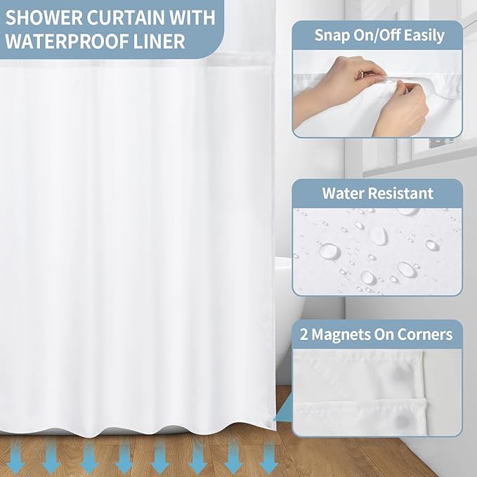 Muuyi Blue Watercolor Floral Shower Curtain,No Hook Shower Curtain,Polyester Shower Curtains with Snap in Fabric,Sheer Top Window for Bathroom Decor,Waterproof & Washable,72W x 75L Inch