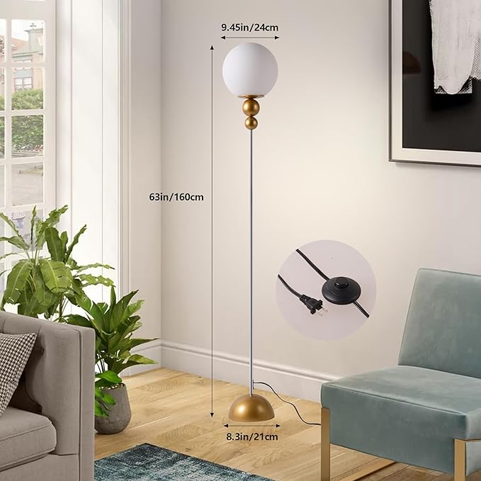 Modern Glass Floor Lamp for Bedroom, 63'' Vintage Mid-Century Floor Lamp with Milky White Frosted Glass Globe Shade for Living Room Corner, Slim Standing Reading Lamp for Office Decor (Gold)