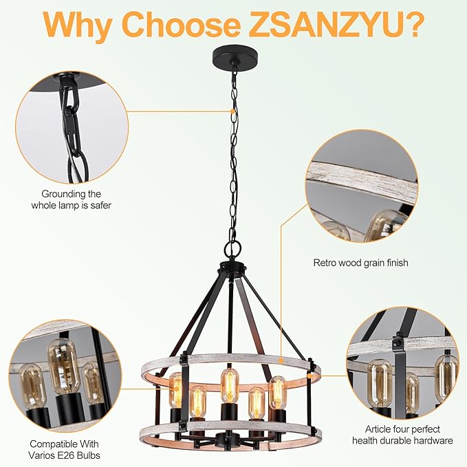 5-Light Farmhouse Chandelier, 17.7 Inch Rustic Black and Vintage Wood Finish Chandeliers for Dining Room Light Fixture, Adjustable Height Hanging Light for Kitchen Island, Entryway, Living Room