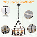 5-Light Farmhouse Chandelier, 17.7 Inch Rustic Black and Vintage Wood Finish Chandeliers for Dining Room Light Fixture, Adjustable Height Hanging Light for Kitchen Island, Entryway, Living Room