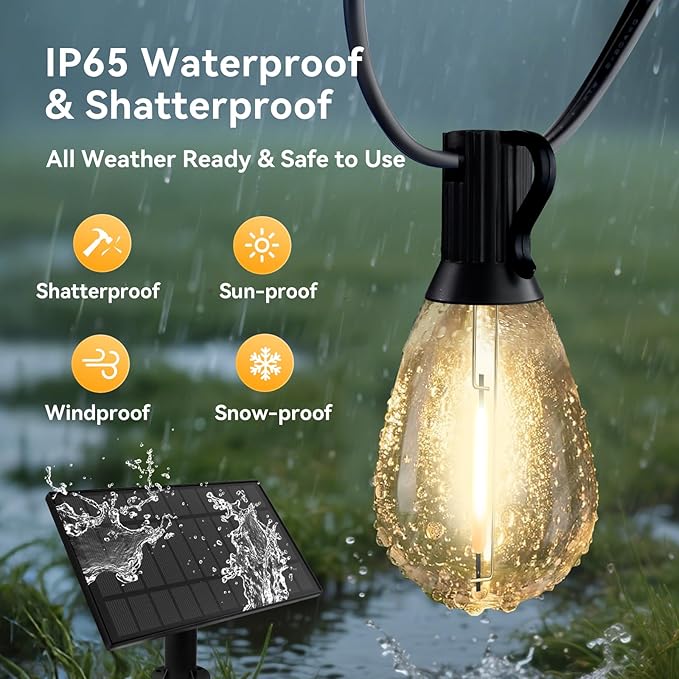 HJQ 60FT Solar String Lights Outdoor, Waterproof Patio Lights Solar-Powered with Remote & USB Charging, 20+1 LED Shatterproof Bulbs, 3 Modes, Dimmable Solar Hanging Lighting for Garden Backyard Decor
