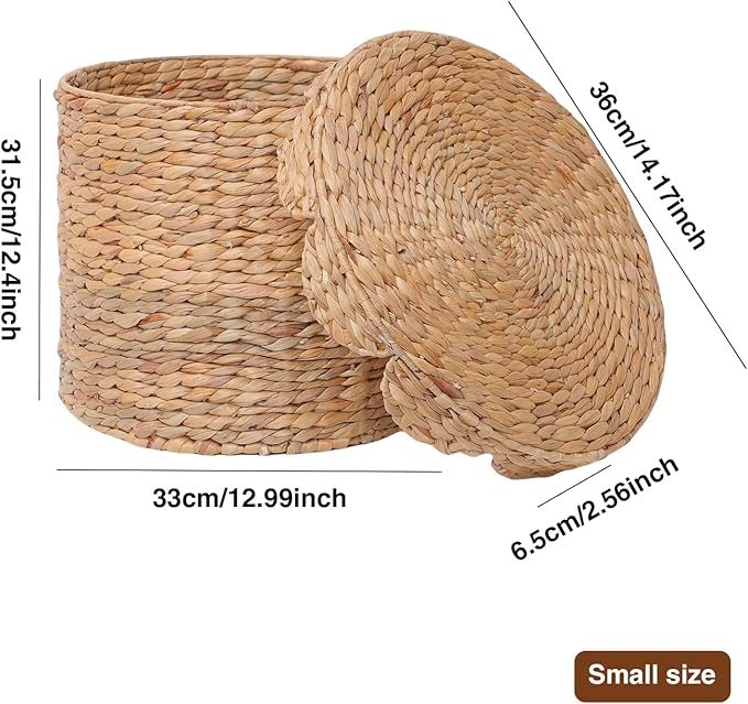 Vintage Woven Storage Basket with Scalloped Lid - Handwoven Water Hyacinth Laundry Hamper for Clothes, Blankets, Toys Organizing - Natural Wicker Basket with Lid (Small Round)