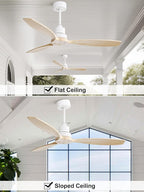 Sofucor Ceiling Fan without Lights, 52 Inch Low Profile Flush Mount Mordern Wood Ceiling Fan with Remote for Indoor Farmhouse Bedroom Living Room Outdoor Patio Porch, Reversible DC Motor, Noiseless