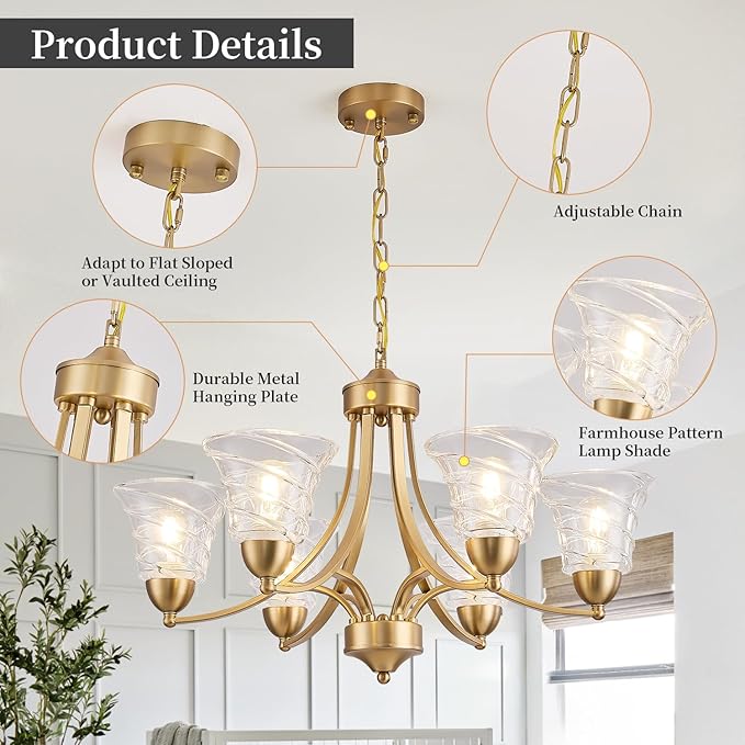 Farmhouse 6 Light Gold Chandeliers for Dining Room Light Over Table, Entryway Pendant Light for Foyer, Vintage Chandelier Ceiling Lights with Glass Shade for Kitchen Island Hallway, Adjustable Height