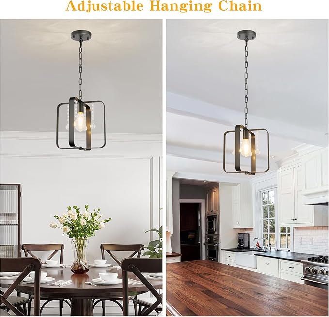 Farmhouse Crystal Chandelier,12 Inch Modern Geometric Rustic Vintage Hanging Pendant Ceiling Light Fixture for Dining Room Bedroom Kitchen Island Hallway Foyer Entryway