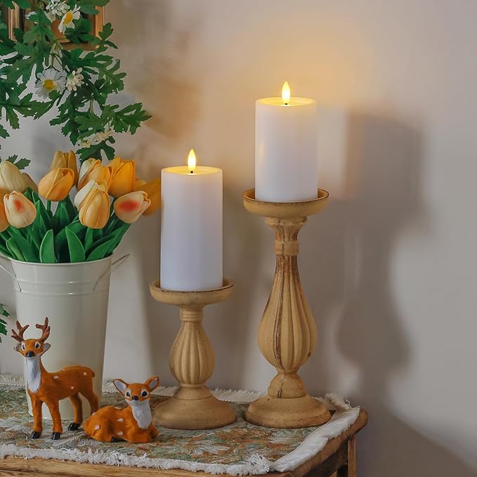 Outdoor 4pcs Flameless Waterproof Candles with Handy Remote Control, Cycle Timer Battery Operated Candle Grease Effect LED Flickering Pillar Plastic Long Lasting (White, 3" x4" 5" 6" 7")