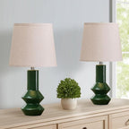 20" Green Ceramic Table Lamp Set of 2-3-Way Dimmable Nightstand Lamps with Pallid Shade for Bedroom Farmhouse Bedside Nightstand Bedside Lamp End Table Lamps (Dark Green)