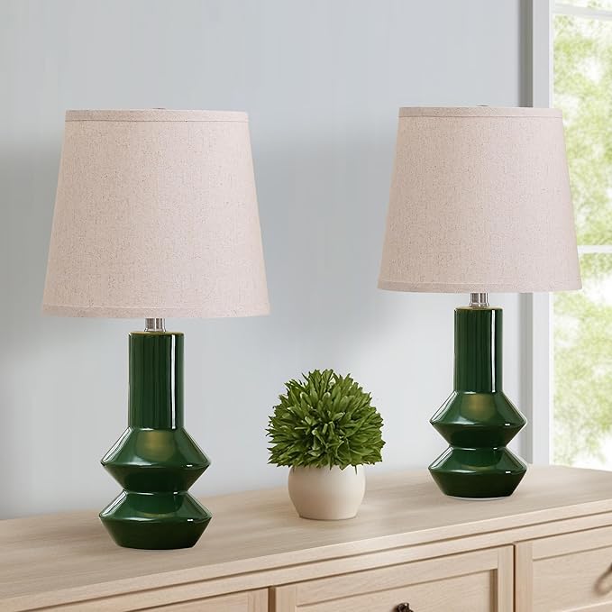 20" Green Ceramic Table Lamp Set of 2-3-Way Dimmable Nightstand Lamps with Pallid Shade for Bedroom Farmhouse Bedside Nightstand Bedside Lamp End Table Lamps (Dark Green)