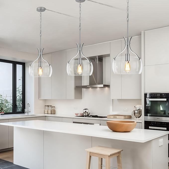Glass Pendant Lights Kitchen Island, 11.8" Brushed Nickel Industrial Pendant Lighting, Modern Hanging Light Fixture with Glass Shade for Dining Room Kitchen Sink Hallway Entryway