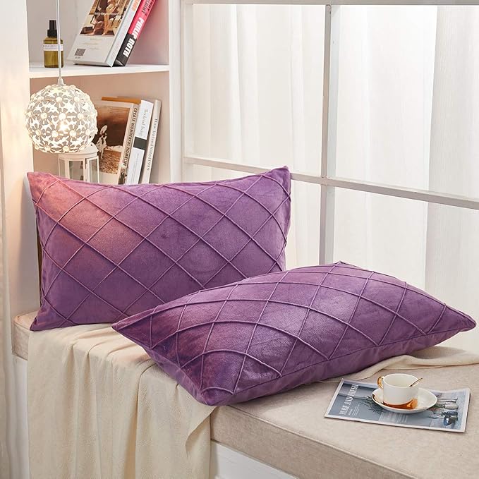 JAUXIO Diamond Pinch Pleated Crystal Velvet Pillowcases 2 Pack Solid Pintuck Throw Cushion Cover for Home Decor Hidden Zipper Closure (Purple, Standard)