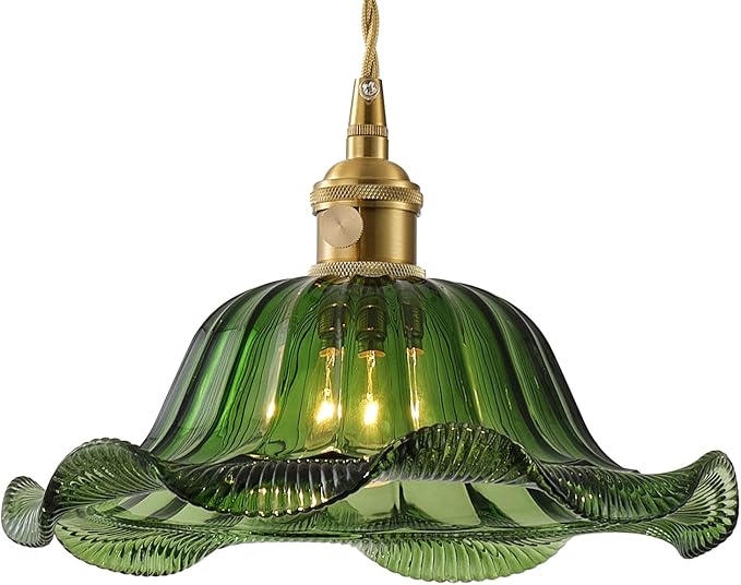 Vintage Glass Pendant Light，Green Flower Ceiling Pendant Light，Gold Adjustable Hanging Wire for Kitchen Island Dining Room Bedroom Hallway (10Inch - Green(A))