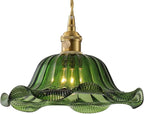 Vintage Glass Pendant Light，Green Flower Ceiling Pendant Light，Gold Adjustable Hanging Wire for Kitchen Island Dining Room Bedroom Hallway (10Inch - Green(A))