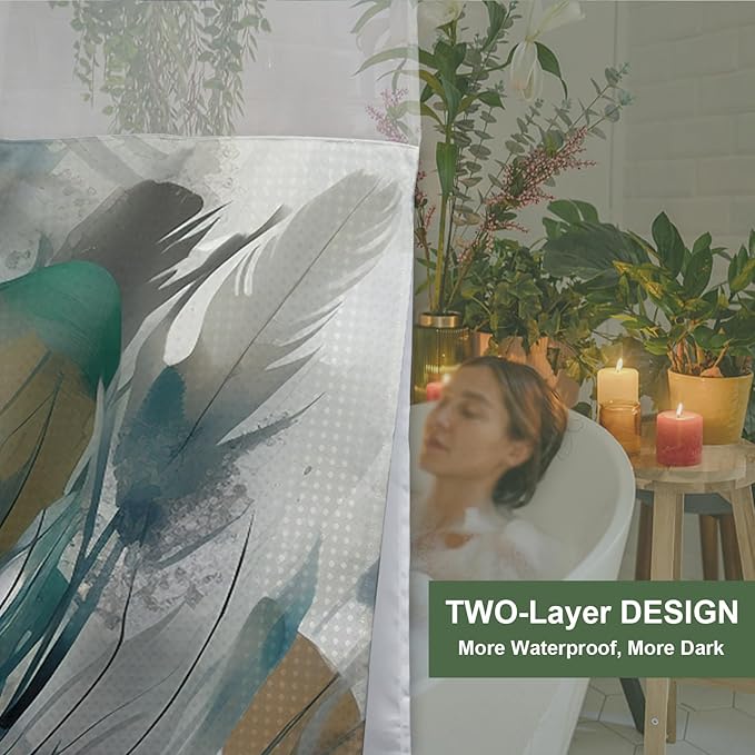Vintage Watercolor Peacock Feathers Theme No Hook Waffle Shower Curtain with Snap in Fabric Liner Set, Detachable Liner,See Through Mesh Top Window,Waterproof Washable 72" W x 74" H