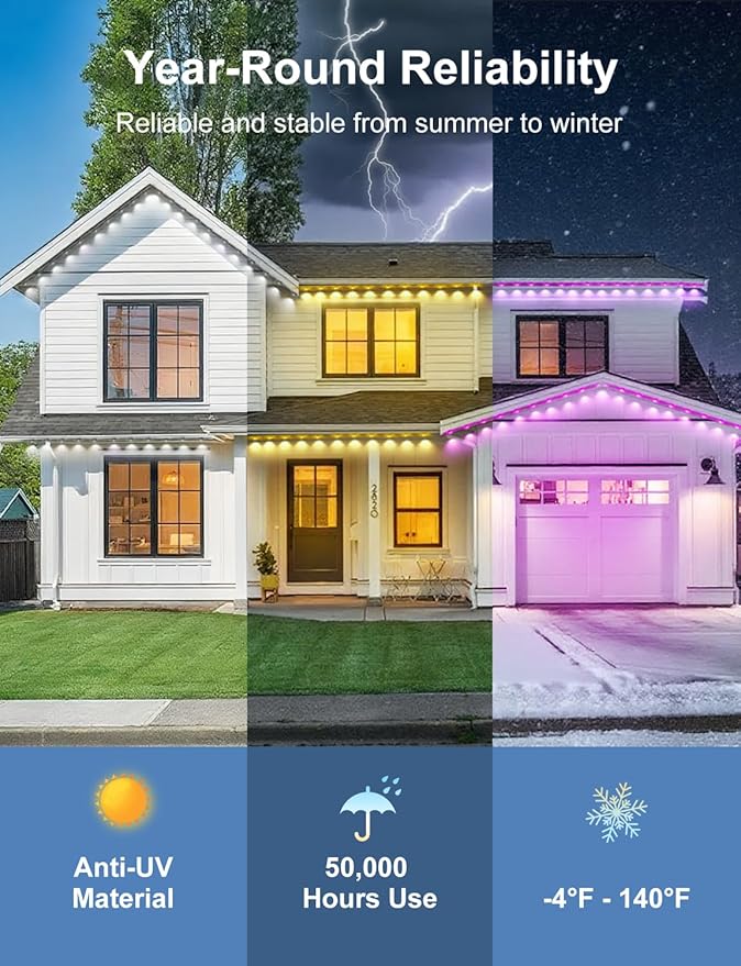 Nexillumi Permanent Outdoor Lights for House, 150ft Smart RGB LED Lights Outside with 16 Million DIY Colors, IP67 Waterproof Eternity Eaves Lighting for Christmas Halloween Holiday Daily Decorations