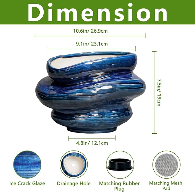 Ceramic Pots for Plants - 11 Inch Ceramic Planter with Drainage Hole, Decorative Planters for Indoor Outdoor, Unique Flower Pots, Garden Office House Decor, Birthday Housewarming Gifts, Blue