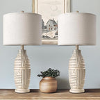 BOBOMOMO 25" Farmhouse Table Lamp Set of 2 Vintage Rustic Lamps for Living Room, Resin Bedside Nightstand Lamps with Linen Lampshades, Retro Lamp for Living Room, Bedroom, Dining Room, Home Decor