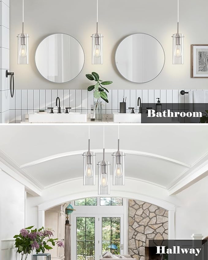 Brushed Nickel Pendant Lights Kitchen Island 1 Pack, Glass Pendant Light, Modern Clear Glass Pendant Light Fixture, Hanging Pendant Lights for Kitchen Island Dining Room Bar