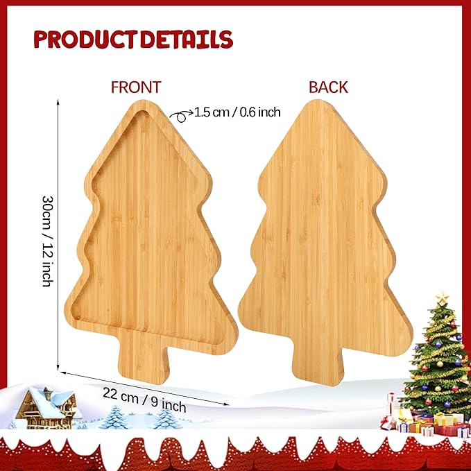 TJ POP Christmas Tree Serving Platter | Decorative Bamboo Serving Tray for Cheese, Cookies, Dessert | 12 x 9 Inches | Natural Wood Candy Snack Board Cute Charcuterie Board | Holiday Kitchen Decor