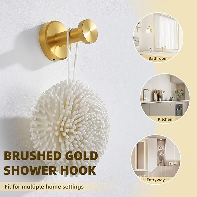APLusee Brushed Gold Towel Hook for Bathroom, 304 Stainless Steel Round Towel Hanger, Heavy Duty Wall Hook for Kitchen Garage Wall Mounted