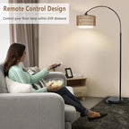 Arc Floor Lamp with Remote, Modern LED Floor Lamp with Dimmable Bulb, Boho Farmhouse Standing lamp with Fabric & Rattan Lampshades, Height Adjustable Black Tall Lamp for Living Room Bedroom