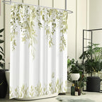Eucalyptus Shower Curtain, Beige Watercolor Leaves with Floral Botanical Bathroom Decor, Waterproof Fabric Bath Curtain Set with Hooks, 72x84 Inches