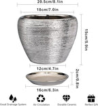 Pot for Plants 8 Inch - Ceramic Plant Pot Indoor with Drainage Hole and Saucer Decorative Planter for Indoor Plants Modern Round Flower Pot for Home Decor Silver