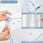 QiyI No Hook Shower Curtain with Snap in Fabric Liner, Blue Eucalyptus Shower Curtain with See Through Top Window, Waterproof Washable Cloth Ringless Shower Curtain Set for Bathroom, 72 x 75