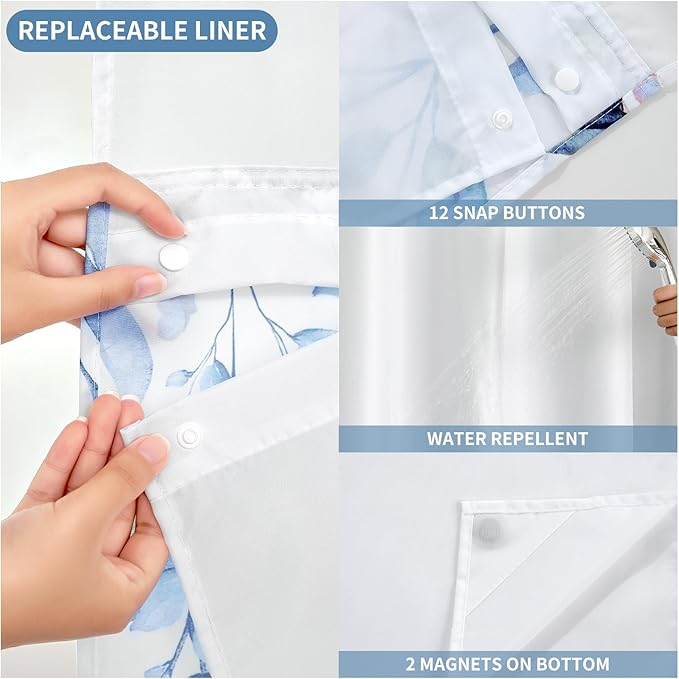 QiyI No Hook Shower Curtain with Snap in Fabric Liner, Blue Eucalyptus Shower Curtain with See Through Top Window, Waterproof Washable Cloth Ringless Shower Curtain Set for Bathroom, 72 x 81