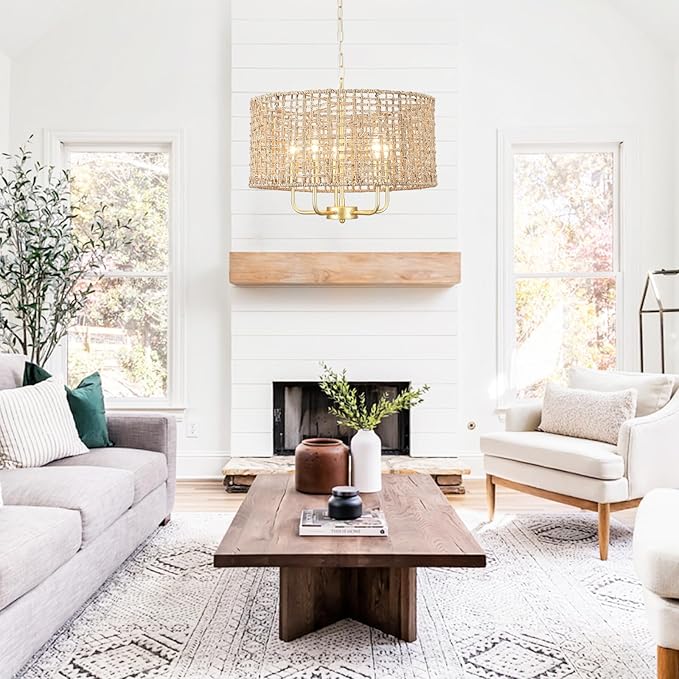 Hand Woven Rattan Chandelier 5 Lights Large Gold Farmhouse Chandelier with Wicker Shade Rustic Boho Pendant Light Fixtures Drum Chandeliers for Dining Room Kitchen Living Room Foyer Entryway Hallway