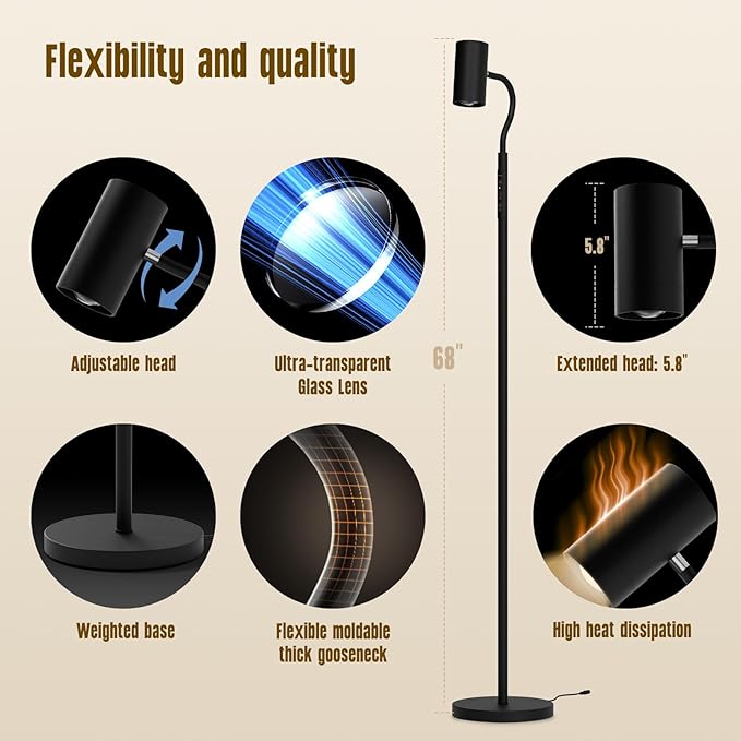 GLOWRIUM LED Floor Reading Lamp, Dual-Side Reading Light with Remote, No Blue Light, No Glare, 5 Color Temperatures, Stepless Dimming, 360° Rotating Gooseneck Lamp, No Flicker, Uniform Illumination