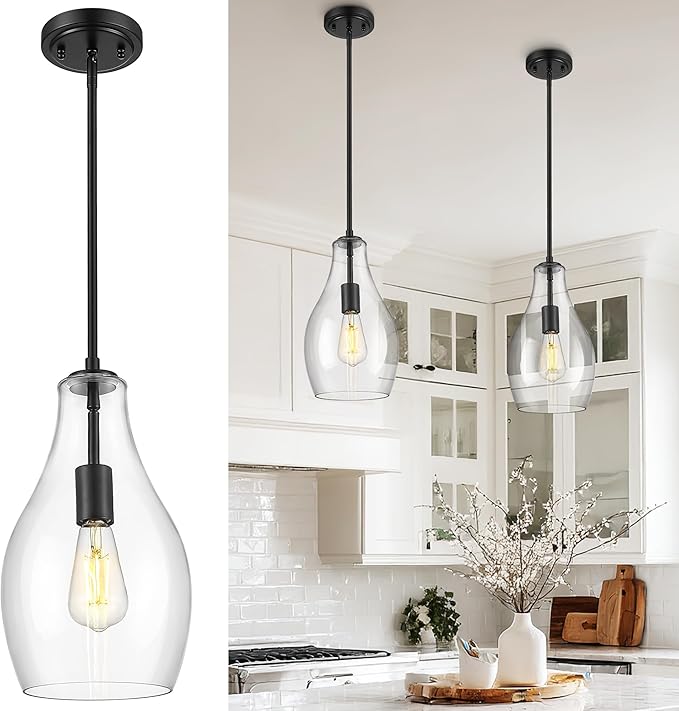 Black Pendant Lights Kitchen Island, 8" Large Hanging Light Fixtures with Clear Glass Shade, Modern Lagre Kitchen Pendant Lighting Over Island for Dining Room, AD-25045-1PB-BK