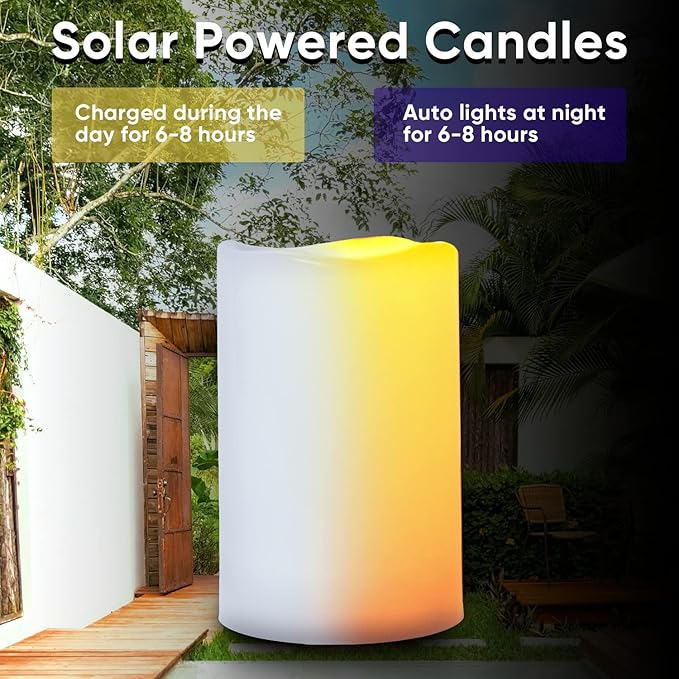 Homemory 4"x8" Large Solar Candles Outdoor Waterproof, Dusk to Dawn, Solar Powered Flameless Candles for Outdoor, Lanterns, Set of 2