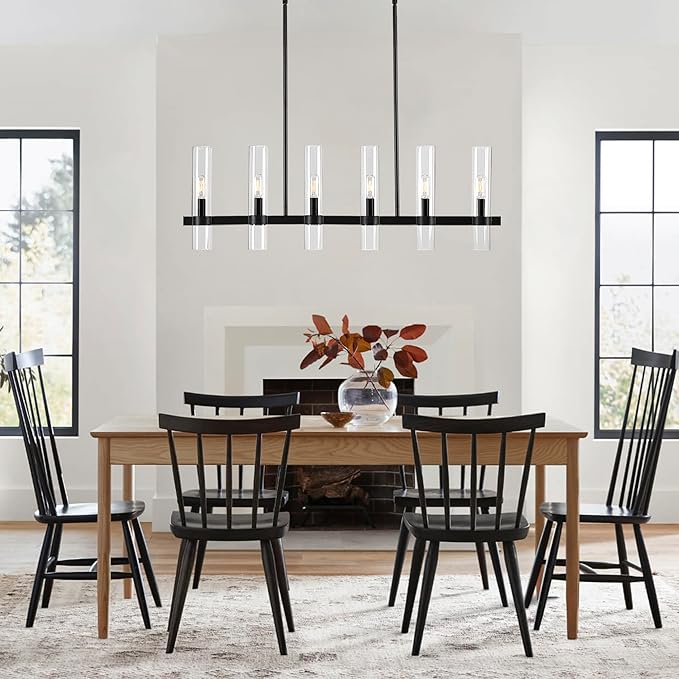 Untrammelife Modern 6-Light Linear Chandelier in Coal Black Finish 36" Farmhouse Rectangle Dining Room Light with Clear Glass Shade Linear Island Pendant Light for Kitchen Island Bedroom