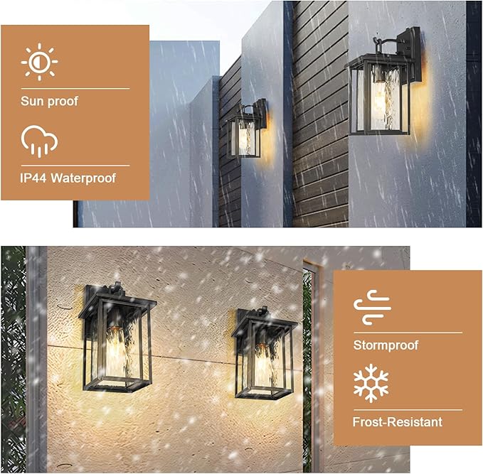JYZ Dusk to Dawn Outdoor Wall Sconce, 15 Inch Exterior Wall Mount Lantern with Aluminum Frame, Weatherproof Black Porch Light Fixture for Front Door, Garage, Patio, Backyard, Garden JYOWL05-L