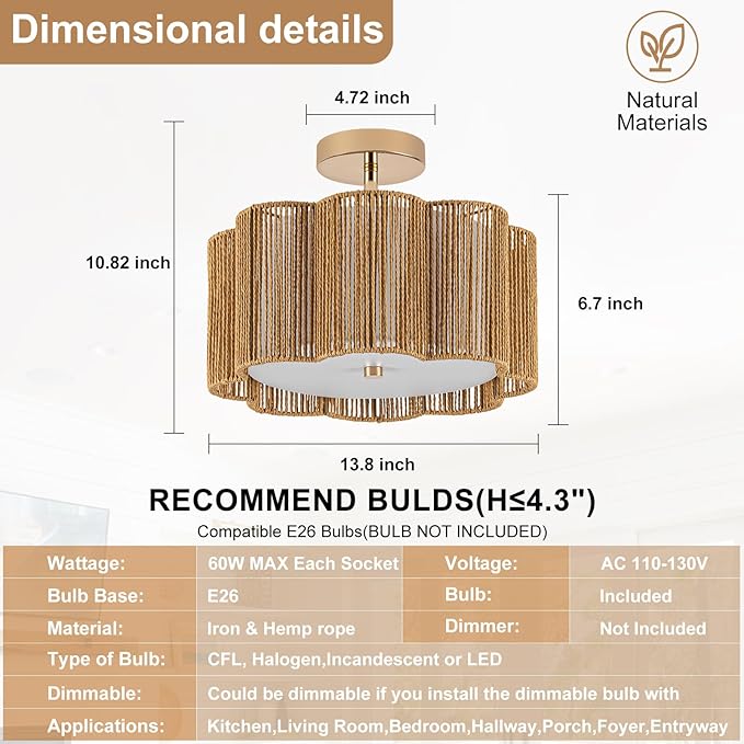 Golden Blossom Boho 3-Light - 14" Handwoven Rattan Flush Mount for Bedroom | Nursery, Eco-Friendly Gold Woven Ceiling Light, Small Gold Lighting, Boho Rattan Light