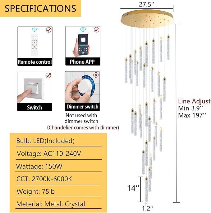 Modern 30-Light LED Chandelier for Living Room, Dining Room & Entryway - Dimmable Spiral Crystal Gold Hanging Light Fixture