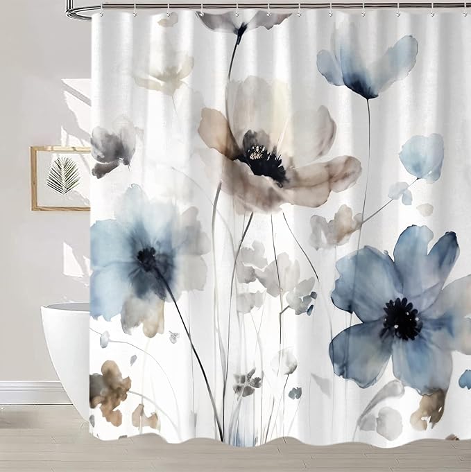 Sanzugh Boho Floral Shower Curtain, Cream Tan Beige Blue Grey White Watercolor Flower Fabric Shower Curtains Set for Bathroom Decoration with Hooks 72 X 72 inch Cute Farmhouse Bath Decor