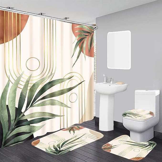 Boho Sage Green Shower Curtain Sets with Rugs 70.8Wx70.8L, Bathroom Set Bohemian with Non-Slip Rug, Toilet Lid Cover, U-Shaped Mat, Greenery Shower Curtain Boho Bathroom Shower Curtain Set