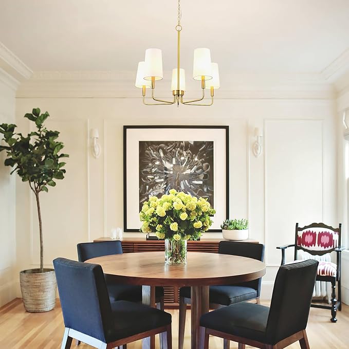 Chandelier, Brushed Brass with White Fabric Shade, Farmhouse Linear Island Lighting Fixture for Kitchen, Dining Room (5-Light Brass Gold with Fabric Shades)