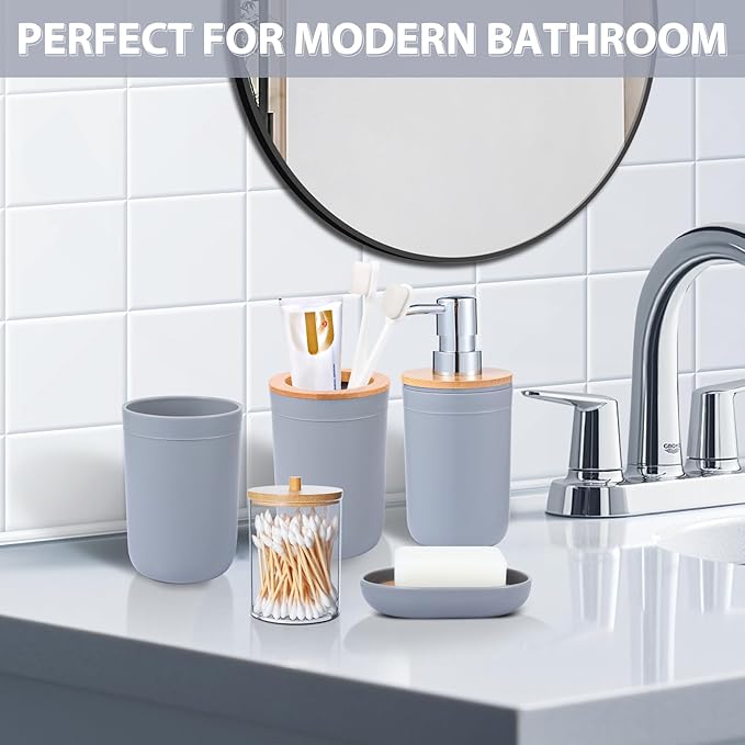 iMucci Bathroom Accessories Set 5Piece Grey Bathroom Sets, Toothbrush Holder, Toothbrush Cup, Lotion Soap Dispenser, Soap Dish and Qtip Holder Bathroom Decor