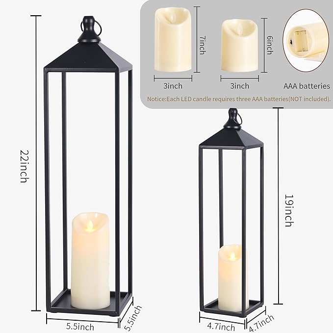 22'' 19'' Large Lanterns Decorative Outdoor Indoor, Set of 2 Black Metal Candle Lanterns Halloween Lanterns Modern Farmhouse Floor Lanterns Decorative for Home Decor, Mantle, Patio, Porch, Garden