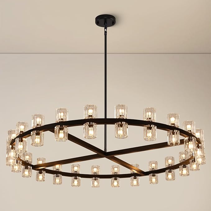 Modern 48 inch Black Round Chandeliers Light Fixture, Crystal Chandeliers for Dining Room, Living Room Chandelier, Wagon Wheel Chandelier Over Table, Suitable for Bedroom,Foyer,Includes Bulb